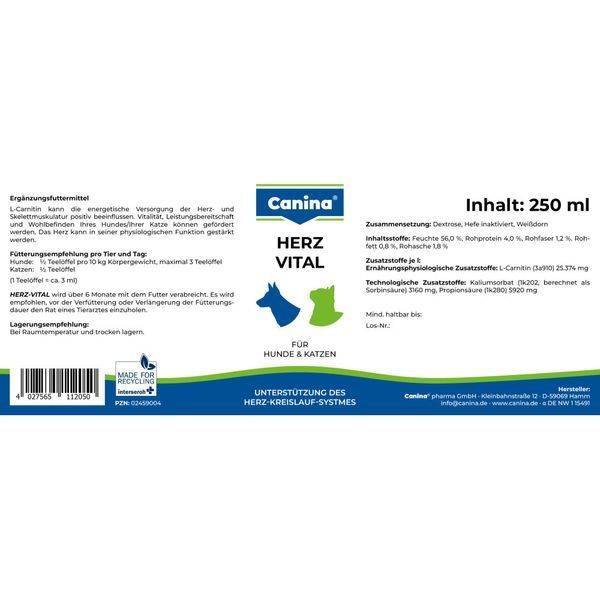 Минеральный комплекс Canina Herz-Vital для собак и кошек для поддержки сердца 250 мл 112050 AD фото