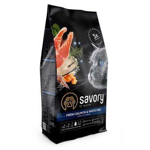 Корм сухой Savory Adult Cat Gourmand Fresh Salmon and White Fish для длинношерстных кошек со свежим лососем и белой... 30020 фото