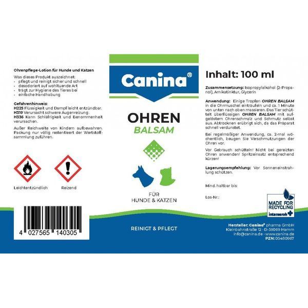 Гигиеническое средство Canina Ohren-Balsam для собак и кошек для ушей бальзам 100 мл 140305 AD фото