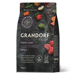 Grandorf Сухой беззерновой корм для взрослых кошек Grandorf FRESH LAMB & SWEET POTATO ADULT CAT ягненок с бататом, 400 г 84440 фото