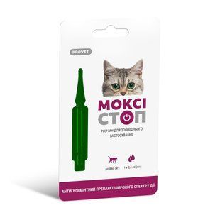 Краплі Provet МОКСІСТОП для котів до 4 кг антигельмінтний препарат на холку 1 піпетка х 0,4 мл PR241916_1уп.(1пип) фото