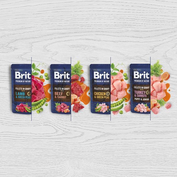Корм влажный Brit Premium Fillets in Gravy Chicken & Green Peas для собак малых пород филе в соусе курица и зеленый... 101241 фото