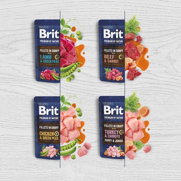 Корм влажный Brit Premium Fillets in Gravy Chicken & Green Peas для собак малых пород филе в соусе курица и зеленый... 101241 фото