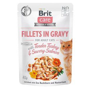 Корм вологий Brit Care Fillets in Gravy Tender Turkey and Savory Salmon д/котів філе в соусі з індичкою та лососем 85 г 100528/0501 фото
