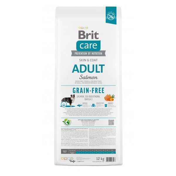 Корм сухий Brit Care Dog Grain-free Adult для дорослих собак малих і середніх порід беззерновий з лососем 12 кг 172198 фото