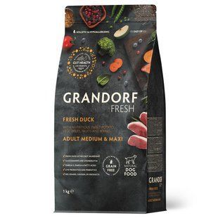 Grandorf FRESH DUCK & SWEET POTATO ADULT DOG MEDIUM & MAXI - сухой беззерновой корм для взрослых собак средних и крупных пород с уткой и бататом, 1 кг 94401 фото
