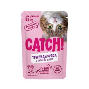 Корм вологий Catch! для дороcлих котів три види м&rsquo;яса з овочами в желе 85 г Catch_21984 фото